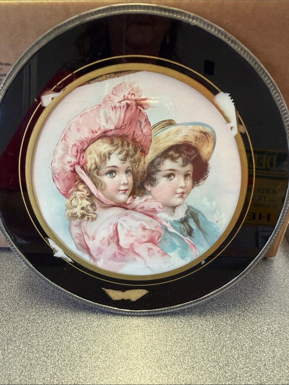 Style: Victorian-era chromolithograph-style image of a young girl and boy